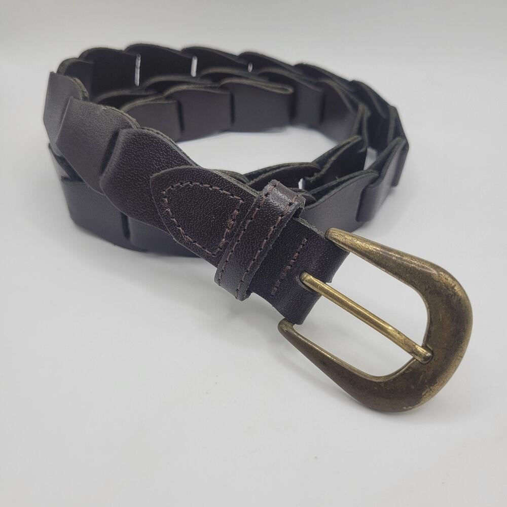 Brown Leather Belt Small Braided Linked Rustic Antique Boho Hippie Earthy Cutout